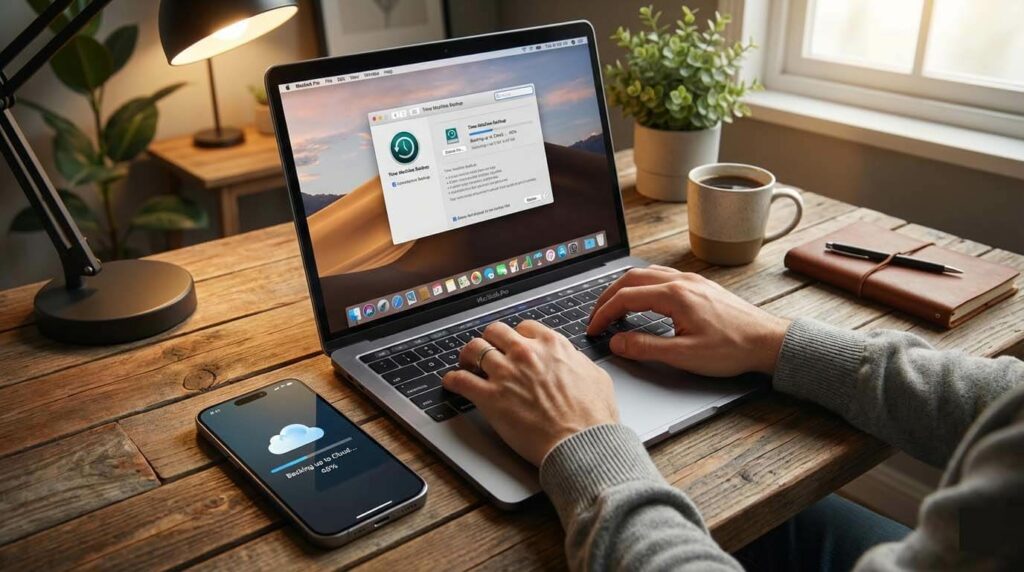 使用者在 MacBook 旁操作手機進行資料備份確認 / User checking data backup on phone next to a MacBook